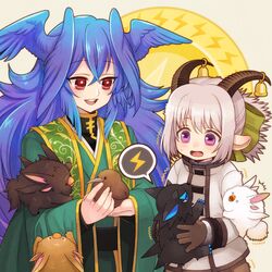  :d :o animal bell bird blue_hair bow brown_gloves brown_horns feathered_wings gloves goat_horns green_bow hair_between_eyes hairbow head_wings holding holding_animal horns open_mouth pixiv_fantasia pixiv_fantasia_mountain_of_heaven pointy_ears purple_eyes red_eyes robe simple_background smile spoken_lightning_bolt standing sweatdrop trembling ujuju upper_body white_hair wide_sleeves wings 