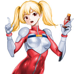  blonde_hair bodysuit breasts covered_collarbone female gloves hands_up highres medium_breasts medium_hair minamoto80486 open_mouth red_bodysuit red_eyes rent-a-hero rent_a_hiroko simple_background solo teeth tight_clothes twintails white_background white_gloves 