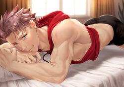  1boy bed black_shorts blue_eyes brown_hair closed_mouth dan_(mondi_hl) earrings hood hood_down hoodie jewelry large_pectorals lying male_focus massage_bed mondi_hl muscular muscular_male nipples on_back on_bed original pectorals red_hoodie short_hair shorts sleeveless sleeveless_hoodie smile solo twitter_username 