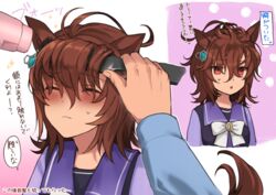  1other agnes_tachyon_(umamusume) ahoge animal_ears blush brown_hair brushing_another&#039;s_hair brushing_hair closed_eyes closed_mouth commentary_request earrings female hair_brush hair_dryer horse_ears horse_girl horse_tail jewelry medium_hair messy_hair multiple_views nazuka_(mikkamisaki) out_of_frame purple_shirt red_eyes sailor_collar school_uniform shirt single_earring speech_bubble sweatdrop tail tracen_school_uniform trainer_(umamusume) translated umamusume 