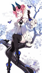  arm_at_side arm_support bare_shoulders black_footwear black_gloves black_thighhighs blue_eyes boots branch breasts bug butterfly choker collarbone commentary detached_sleeves double_bun dress female foot_out_of_frame frilled_sleeves frills gloves grey_choker hair_bun hand_up horns leaf leg_up looking_at_viewer oerba_yun_fang open_mouth original pink_hair puffy_sleeves short_hair simple_background sitting skin_fang sleeveless small_breasts solo thighhighs tobi_(kotetsu) trapeze_dress tree white_background white_dress 