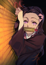  absurdres bit_gag black_hair blurry blurry_foreground brown_hair commentary_request female from_side gag gagged hair_ribbon highres ibaraki_shun kamado_nezuko kimetsu_no_yaiba long_hair long_sleeves looking_at_viewer lying multicolored_hair on_side pink_eyes pink_ribbon ribbon solo two-tone_hair upper_body 