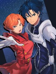  1boy belt berah_ronah blue_eyes blue_hair chanmura crossbone_gundam female from_side gloves gundam hand_on_another&#039;s_waist highres jacket kincade_nau normal_suit orange_hair pilot_suit purple_eyes red_belt red_jacket science_fiction short_hair smile space v-shaped_eyebrows white_gloves 