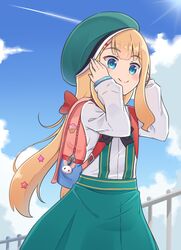  aoi_id backpack bag beret blonde_hair blue_eyes blue_sky blush bow closed_mouth cloud commentary day female green_hat green_skirt hair_ornament hairclip hands_up hat highres long_hair long_sleeves millie_adelaide outdoors puffy_long_sleeves puffy_sleeves railing randoseru red_bow rutorifuki shirt skirt sky sleeves_past_wrists smile solo star_(symbol) star_hair_ornament suspender_skirt suspenders very_long_hair virtual_youtuber white_shirt 