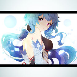  back backless_outfit blue_hair blush breasts detached_sleeves female furrowed_brow ganyu_(genshin_impact) genshin_impact highres long_hair looking_at_viewer looking_back medium_breasts purple_eyes qingye_ling sidelocks solo upper_body white_sleeves 