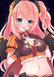  :p black_background black_cape black_gloves black_horns blue_eyes blush breasts cape cleavage collarbone commentary_request crop_top cross-laced_clothes cross-laced_top curled_horns demon_girl demon_horns demon_wings elbow_gloves female finger_to_mouth frilled_gloves frills glint gloves hair_between_eyes hair_ornament hairclip halloween_costume hands_up heart heart_hair_ornament highres horns imono_y jewelry long_hair looking_at_viewer medium_breasts midriff navel necklace one_side_up orange_shirt partial_commentary pink_hair princess_connect! red_cape shirt short_sleeves side_ponytail sidelocks simple_background smile solo standing suzuna_(halloween)_(princess_connect!) suzuna_(princess_connect!) tongue tongue_out two-tone_cape upper_body very_long_hair wavy_hair wings 