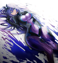  blue_eyes bodysuit breasts covered_navel female hair_ornament highres large_breasts long_hair looking_at_viewer lying neptune_(series) next_purple on_back purple_bodysuit purple_hair purple_heart_(neptunia) shin_jigen_game_neptune_vii solo thighs xi_ying 