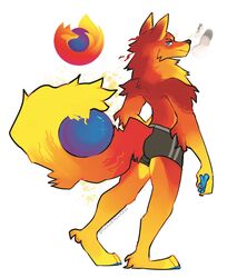  2021 anthro biped black_nose blue_eyes blue_pawpads canid canine clothing digital_media_(artwork) firefox fox fur goldendoqqs hi_res male mammal mozilla orange_body orange_fur pawpads plantigrade simple_background solo standing tail underwear yellow_body yellow_fur 