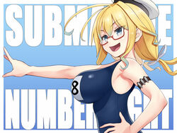  air_bubble arm_strap bare_shoulders blonde_hair blue_eyes book breasts bubble commentary_request female glasses hand_on_own_hip hat i-8_(kancolle) kantai_collection large_breasts low_twintails name_tag one-piece_swimsuit open_mouth peaked_cap red-framed_eyewear sailor_hat school_swimsuit semi-rimless_eyewear sidelocks solo swimsuit tussy twintails under-rim_eyewear 