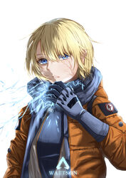  7_(lefiy) animification apex_legends blonde_hair blue_bodysuit blue_eyes blue_gloves bodysuit character_name commentary electricity female gloves highres hood hooded_jacket jacket lichtenberg_figure lightning_bolt_symbol looking_at_viewer orange_jacket parted_lips ribbed_bodysuit scar scar_on_cheek scar_on_face short_hair solo wattson_(apex_legends) white_background white_bodysuit 