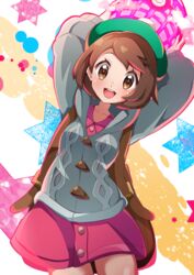  :d absurdres backpack bad_id bad_pixiv_id bag blush bob_cut brown_bag brown_eyes brown_hair buttons cable_knit cardigan collared_dress commentary dress dynamax_ball eyelashes female gloria_(pokemon) green_hat grey_cardigan hat highres holding holding_poke_ball hooded_cardigan miyama_(yakinikusushi_the_royal) open_mouth pink_dress poke_ball pokemon pokemon_swsh short_hair smile solo star_(symbol) tam_o&#039;_shanter teeth tongue upper_teeth_only 