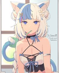  animal_ear_fluff animal_ears artist_name blue_bow blue_eyes blunt_bangs bow breasts brushing_teeth cleavage commentary commission double_bun english_commentary english_text female flower hair_bun hair_flower hair_ornament hairclip holding holding_with_tail ichiroku_(sakumogu-029) indie_virtual_youtuber long_hair looking_at_viewer mirror multicolored_hair pink_hair prehensile_tail seanvr skeb_commission solo streaked_hair tail thank_you too_many toothbrush toothbrush_in_mouth virtual_youtuber vrchat white_hair 