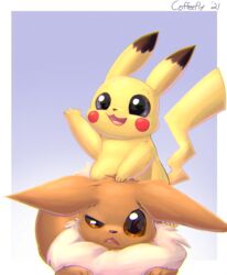  2021 all_fours ambiguous_gender angry blue_background brown_body brown_fur climbing coffeefly duo eevee fur generation_1_pokemon head_tuft hi_res nintendo open_mouth pikachu pokemon pokemon_(species) shaded simple_background tongue tuft yellow_body yellow_fur 