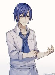  1boy adjusting_sleeves akujiki_musume_conchita_(vocaloid) apron aryuma772 ascot blue_eyes blue_hair carlos_marlon chef commentary_request drug_of_gold_(vocaloid) evillious_nendaiki expressionless highres kaito_(vocaloid) male_focus pale_skin serious short_hair sleeves_rolled_up solo twitter_username vocaloid waist_apron 