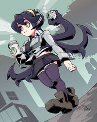  770mk black_hair breasts collared_shirt commentary cup disposable_coffee_cup disposable_cup female filia_(skullgirls) futakuchi-onna highres large_breasts living_hair long_hair midriff necktie outdoors prehensile_hair samson_(skullgirls) school_uniform shirt shoes skirt skullgirls smile steam symbol-only_commentary teeth thighhighs twitter_username walking 