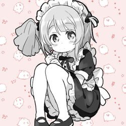  apron blush canine duster female holding looking_at_viewer love_live! love_live!_nijigasaki_high_school_idol_club maid maid_headdress mezashi_(mezamashi_set) monochrome nakasu_kasumi one_side_up pantyhose patterned_background puffy_short_sleeves puffy_sleeves short_hair short_sleeves sitting solo squatting waist_apron 