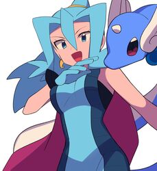  :d blue_bodysuit blue_eyes blue_gloves blue_hair bodysuit breasts cape clair_(pokemon) commentary_request dragonair earrings eyelashes female gloves hand_up highres jewelry long_hair open_mouth pokemon pokemon_(creature) pokemon_hgss ponytail simple_background smile tongue tooth_earrings two-tone_bodysuit tyako_089 white_background 