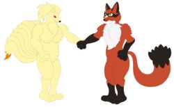  absurd_res anthro breasts bulge canid canine darkbolt female fox fur generation_1_pokemon generation_8_pokemon hi_res male mammal maroon_fur multi_tail ninetales nintendo nude pokemon pokemon_(species) red_eyes solo tail thievul yellow_body yellow_eyes yellow_fur 