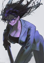  black-framed_eyewear black_gloves black_hair black_pants black_shirt breasts cleavage collarbone commentary feet_out_of_frame female floating_hair formal glasses gloves grey_jacket highres holding holding_weapon jacket kkia large_breasts long_hair long_sleeves looking_at_viewer minakata_hizuru mole mole_under_mouth pants parted_lips purple_eyes shirt simple_background solo suit suit_jacket summertime_render swept_bangs teeth weapon white_background 