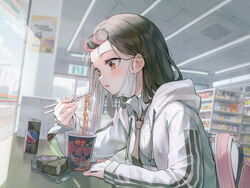  backpack bag black_hair blush brown_eyes brown_jacket can chopsticks convenience_store cup_ramen day drawstring dress_shirt drink_can eating female fluorescent_lamp food forehead hair_rollers holding holding_chopsticks hood hood_down hooded_jacket huwari_(dnwls3010) indoors jacket korean_fire_noodles long_hair long_sleeves looking_away loose_necktie mask mask_around_neck mouth_mask necktie noodles onigiri open_clothes open_jacket open_mouth original pepsi red_eyes shelf shirt shop sitting soda_can solo steam surgical_mask track_jacket unworn_backpack unworn_bag upper_body white_jacket white_mask white_shirt 