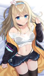  absurdres alternate_costume artist_name ass_visible_through_thighs bare_shoulders black_bra black_choker black_jacket black_panties black_skirt black_thighhighs blonde_hair blue_eyes bra breasts ceia_(vtuber) choker cleavage closed_mouth collarbone crop_top english_commentary female girls&#039;_frontline hairband hand_up heart heart_choker highleg highleg_panties highres indie_virtual_youtuber jacket long_hair looking_at_viewer lying medium_breasts midriff miniskirt navel off_shoulder on_back one_side_up open_clothes open_jacket panties pleated_skirt rynzfrancis see-through shirt short_sleeves simple_background skirt smile solo stomach suomi_(girls&#039;_frontline) thighhighs thighs underwear virtual_youtuber white_shirt 