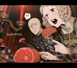  !? 1boy apple armor bald blonde_hair braid bread brown_eyes candelabra candle candlestand cape chinese_text cup eating elden_ring eyeliner female food fork fruit gloves grey_eyes kamezaemon knife leather leather_armor leather_gloves makeup mole mole_under_mouth mug open_mouth patches_(from_software) plate raw_meat rya_(elden_ring) sweat table teeth throwing_knife tongue twin_braids upper_teeth_only weapon 