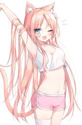  ;d absurdres animal_ears arm_behind_head arm_up armpits bare_arms bare_shoulders beliatan blue_eyes breasts cat_ears cat_girl cat_tail commentary cowboy_shot crop_top crop_top_overhang dolphin_shorts extra_ears female highres long_hair looking_at_viewer medium_breasts midriff mole mole_under_eye navel oerba_yun_fang one_eye_closed open_mouth original pink_hair pink_shorts shirt short_shorts shorts simple_background single_thighhigh sleeveless sleeveless_shirt smile solo stomach symbol-only_commentary tail tank_top thighhighs very_long_hair white_background white_shirt white_thighhighs 