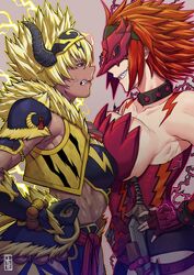  2girls abs angry armor artist_logo asymmetrical_docking aura bandeau bare_shoulders beads black_hair blonde_hair bracer breast_contest breast_press breasts brown_hair cete_(controllingtime) clenched_hand clenched_teeth collar commentary corset cowboy_shot dark-skinned_female dark_skin deviljho_(armor) electricity english_commentary eye_contact eye_mask face-to-face fingerless_gloves fingernails fur_trim gloves grin hand_on_own_hip headband horns huge_breasts knife large_breasts lips looking_at_another mask medium_hair midriff monster_hunter_(character) monster_hunter_(series) multicolored_hair multiple_girls open_clothes open_vest pants rajang_(armor) red_eyes red_hair sharp_teeth shoulder_armor sideboob skindentation smile spiked_hair stomach strapless streaked_hair teeth toned two-tone_hair underbust v-shaped_eyebrows veins vest 