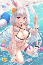  :3 animal_ears barefoot beach bikini blunt_tresses blush bracelet breasts carrot_hair_ornament chang&#039;e chinese_mythology cleavage collarbone female flower food-themed_hair_ornament hair_flower hair_ornament innertube jewelry keikei_(kitty_colors) large_breasts leg_ribbon long_hair long_sleeves looking_at_viewer navel o-ring o-ring_bikini off_shoulder open_mouth orange_flower partially_submerged petals pink_flower purple_eyes purple_ribbon rabbit rabbit_ears ribbon seashell see-through shell sitting solo starfish sunglasses swim_ring swimsuit toes wariza water wet wet_clothes white_bikini white_flower white_hair yellow_flower 