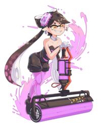  bare_shoulders black_dress black_footwear black_hair boots bow-shaped_hair callie_(splatoon) carbon_roller_(splatoon) detached_collar dress earrings female food food_on_head full_body gloves highres inkling jewelry leaning_forward long_hair object_on_head paint_roller paint_splatter pantyhose pink_pantyhose pointy_ears revvie shoes simple_background smile solo splatoon_(series) splatoon_1 standing star-shaped_pupils star_(symbol) strapless strapless_dress symbol-shaped_pupils teeth tentacle_hair white_background white_gloves yellow_eyes 