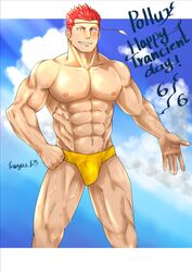  1boy abs absurdres alternate_costume bara beach blue_eyes blue_sky blush bulge feet_out_of_frame heterochromia highres kouyas_125 large_pectorals male_focus male_swimwear muscular muscular_male navel nipples outdoors pectorals pollux_(housamo) red_hair short_hair sideburns sky smile solo stomach swim_briefs thighs tokyo_afterschool_summoners topless_male wet yellow_eyes yellow_male_swimwear 