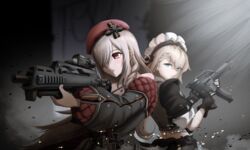  2girls assault_rifle beret blonde_hair braid braided_bangs fingerless_gloves g36_(girls&#039;_frontline) g36_(mod3)_(girls&#039;_frontline) g36c_(girls&#039;_frontline) g36c_(mod3)_(girls&#039;_frontline) girls&#039;_frontline gloves gun h&amp;k_g36 h&amp;k_g36c haonfest hat heckler_&amp;_koch highres holding holding_gun holding_weapon maid maid_headdress multiple_girls one_eye_covered rifle trigger_discipline weapon 