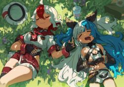  2girls :3 ahoge black_gloves blue_hair blunt_bangs breasts closed_eyes closed_mouth commentary dappled_sunlight drooling eyebrows_hidden_by_hair fingerless_gloves flat_chest gloves greentanuki hair_between_eyes hat long_hair lying medium_breasts mono_(greentanuki) mouth_drool multicolored_hair multiple_girls nina_(greentanuki) on_back on_grass open_mouth original outdoors red_hair short_hair short_sleeves sleeping smile streaked_hair sunlight teeth tree_shade two-tone_hair unworn_hat unworn_headwear upper_teeth_only very_long_hair white_hair 