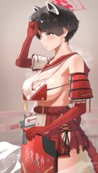  absurdres animal_ears armor bad_id bad_pixiv_id bare_shoulders black_hair blue_archive blue_eyes blush breasts cleavage collarbone commentary_request elbow_gloves female gloves gun halo hibinpo highres japanese_armor large_breasts red_gloves red_halo red_sailor_collar red_skirt rope sailor_collar short_hair sideboob sideless_outfit skirt smile solo tabard tassel thighs tsubaki_(blue_archive) underboob weapon 