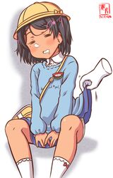  2021 alternate_costume artist_logo bag black_hair blue_shirt blue_skirt braid commentary_request dated disembodied_hand drooling feet_out_of_frame female hat kanon_(kurogane_knights) kantai_collection kindergarten_bag kindergarten_uniform long_sleeves mole mole_under_eye name_tag nose_bubble one-hour_drawing_challenge panties pleated_skirt saliva school_hat school_uniform scirocco_(kancolle) shirt short_hair simple_background skirt sleeping smock socks solo tan two_side_up underwear white_background white_panties white_socks yellow_hat 