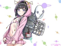  absurdres artist_name backpack bag black_hair blue_eyes blunt_bangs breasts bright_pupils bunny_grey_(toaru) carrot closed_mouth cowboy_shot ebora eyelashes female gradient_eyes highres hood hood_up hooded_jacket hoodie jacket karasuma_fran multicolored_eyes navel pajamas pink_jacket pink_pajamas purple_eyes radio radio_antenna short_hair small_breasts solo spoilers sweat toaru_majutsu_no_index toaru_majutsu_no_index:_new_testament underwear white_background white_pupils 