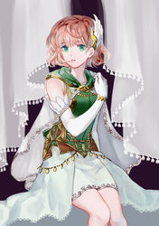  absurdres bracelet brown_hair cape elbow_gloves female fire_emblem fire_emblem:_the_blazing_blade gloves green_eyes green_shirt hair_ornament highres invisible_chair jewelry miniskirt parted_lips pencil_skirt priscilla_(fire_emblem) rheamii see-through shirt short_hair sitting skirt sleeveless sleeveless_shirt solo white_cape white_gloves white_skirt 