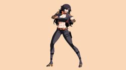  abs belt belt_buckle black_hair black_sports_bra boot_straps boots breasts brown_eyes buckle buskhusker cleavage collarbone commission cropped_jacket female fighting_stance gauntlets grey_jacket high_collar high_heel_boots high_heels highres holster jacket large_breasts long_hair long_legs messy_hair muscular muscular_female original pale_skin parody pixel_art sera_(judgemint) shadow simple_background sports_bra strap style_parody thigh_holster under_night_in-birth 