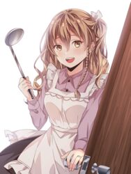  :d absurdres apron bad_id bad_pixiv_id black_skirt blonde_hair blush braid buttons collared_shirt door female fingernails hair_between_eyes highres holding holding_ladle jewelry kantai_collection kukimaru ladle long_hair long_sleeves open_mouth purple_shirt ring shirt simple_background skirt smile solo teeth upper_teeth_only wavy_hair wedding_ring white_apron white_background yellow_eyes zara_(kancolle) 