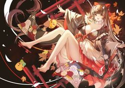  absurdres autumn_leaves azur_lane bare_legs barefoot bow breasts brown_hair cleavage collar collarbone detached_collar falling_feathers falling_leaves falling_petals feathers feet female geta hairbow highres horns japanese_clothes kimono large_breasts leaf legs long_hair long_sleeves looking_at_viewer manjuu_(azur_lane) official_alternate_costume open_mouth orange_eyes petals red_bow sakawa_(azur_lane) sakawa_(the_colors_of_love)_(azur_lane) sandals smile solo thighs toes torii very_long_hair white_collar wide_sleeves xiongshouji 