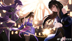  3girls black_gloves brown_hair fireworks gloves hair_bun happy highres hua_jianghu_zhi_bei_mo_ting lantern light long_hair multiple_girls night purple_hair qinshi_mingyue shi_lan_(qinshi_mingyue) shi_lan_ba_guan_bo si_kongqi_(hua_jianghu_zhi_bei_mo_ting) single_hair_bun smile sparkler upper_body waving zi_nu_(qinshi_mingyue) 