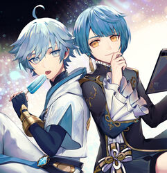  2boys ahoge asymmetrical_bangs blue_eyes blue_hair chinese_clothes chongyun_(genshin_impact) commentary_request earrings fingerless_gloves food frilled_shirt_collar frilled_sleeves frills genshin_impact gloves highres holding ice_cream jewelry long_coat long_sleeves looking_at_viewer multiple_boys penguu_(green528) ribbon shirt single_earring tassel tassel_earrings xingqiu_(genshin_impact) yellow_eyes 