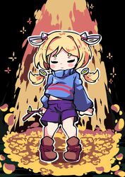  absurdres aged_down aki_rosenthal arms_at_sides black_background blonde_hair blue_sweater blush_stickers boots brown_footwear closed_eyes closed_mouth commentary_request cosplay detached_hair english_commentary female frisk_(undertale) frisk_(undertale)_(cosplay) full_body golden_flower_(undertale) hair_intakes hair_ornament headgear highres holding holding_stick hololive long_hair long_sleeves low_twintails midriff_peek mixed-language_commentary navel outline parted_bangs puffy_long_sleeves puffy_sleeves purple_shorts short_eyebrows short_hair shorts solo sparkle standing stick sweater thick_eyebrows toon_(toonhoshi) turtleneck turtleneck_sweater twintails undertale virtual_youtuber white_outline 