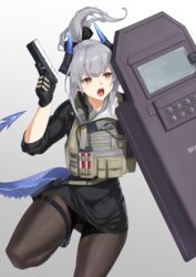  arknights ballistic_shield black_bow black_dress blunt_bangs bow brown_pantyhose bulletproof_vest commentary dragon_girl dragon_horns dragon_tail dress english_commentary female grey_background grey_hair gun hairbow handgun highres holding holding_gun holding_shield holding_weapon horns leg_up liskarm_(arknights) liskarm_(overload)_(arknights) long_hair long_sleeves official_alternate_costume open_mouth pantyhose ponytail red_eyes shield short_dress sidelocks simple_background solo tail thigh_strap tsukira_(amayadori) upskirt v-shaped_eyebrows weapon 