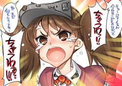  @_@ anger_vein brown_eyes brown_hair commentary_request female hiyohiyo kantai_collection magatama open_mouth portrait ryuujou_(kancolle) ryuujou_kai_ni_(kancolle) solo tears translation_request twintails visor_cap 