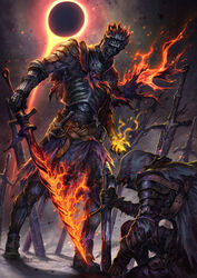  2others armor armored_boots ashen_one_(dark_souls_3) belt black_sky boots breastplate capelet commentary_request dagger dark_souls_(series) dark_souls_iii eclipse embers facing_another feet_out_of_frame field_of_blades flaming_sword flaming_weapon full_armor full_body gauntlets glowing glowing_hand greaves helmet highres holding holding_sword holding_weapon hood hood_up knife magic moon multiple_others on_one_knee outdoors pauldrons planted planted_sword red_capelet sheath sheathed shoulder_armor sky solar_eclipse soul_of_cinder standing sun sword touge_(kubiwa_tsuki) weapon 