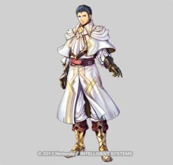  1boy alternate_costume arm_up armor armored_boots ascot belt black_hair boots capelet closed_mouth commentary_request company_name fire_emblem fire_emblem:_thracia_776 fire_emblem_heroes full_body gloves grey_background looking_at_viewer male_focus official_alternate_costume reinhardt_(fire_emblem) reinhardt_(resplendent)_(fire_emblem) simple_background solo takaya_tomohide 