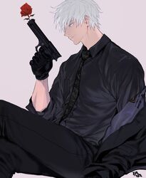  1boy black_gloves black_jacket black_necktie black_pants black_shirt blue_eyes closed_mouth colored_eyelashes dress_shirt flower formal gloves gojou_satoru gun hair_between_eyes holding holding_gun holding_weapon jacket jujutsu_kaisen korean_commentary kukig8765 looking_to_the_side male_focus necktie open_clothes pants red_flower red_rose rose shirt short_hair simple_background sitting sleeves_pushed_up smile solo weapon white_hair 