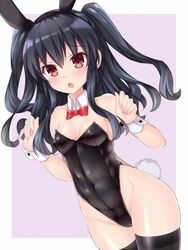  :o alternate_costume animal_ears bare_shoulders black_hair black_leotard black_thighhighs blush bow bowtie breasts breasts_apart cameltoe cleavage covered_navel covered_nipples cowboy_shot detached_collar embarrassed fake_animal_ears female groin hair_between_eyes hands_up highres hip_focus kazuneko_(wktk1024) leotard long_hair looking_at_viewer neptune_(series) open_mouth playboy_bunny rabbit_ears rabbit_tail red_bow red_bowtie red_eyes skin_tight small_breasts solo tail thighhighs thighs two_side_up uni_(neptunia) wide_hips wrist_cuffs 