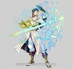  1boy alternate_costume arm_up armor armored_boots ascot belt black_hair book boots capelet company_name electricity fire_emblem fire_emblem:_thracia_776 fire_emblem_heroes gloves grey_background holding holding_book long_sleeves magic male_focus medium_hair open_book open_mouth reinhardt_(fire_emblem) reinhardt_(resplendent)_(fire_emblem) simple_background solo source_request takaya_tomohide 